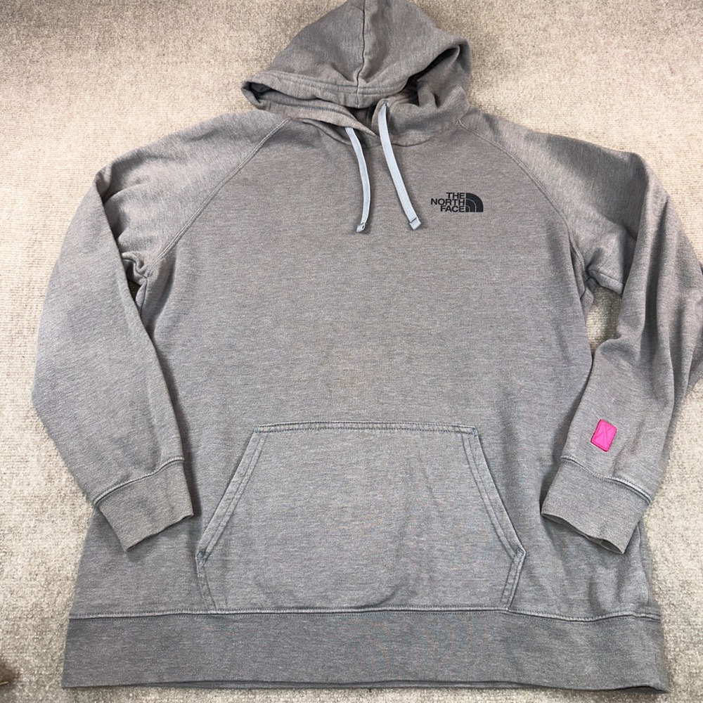 The North Face Womens XL Gray Pink Logo Graphic Pullover Hoodie Sweatshirt